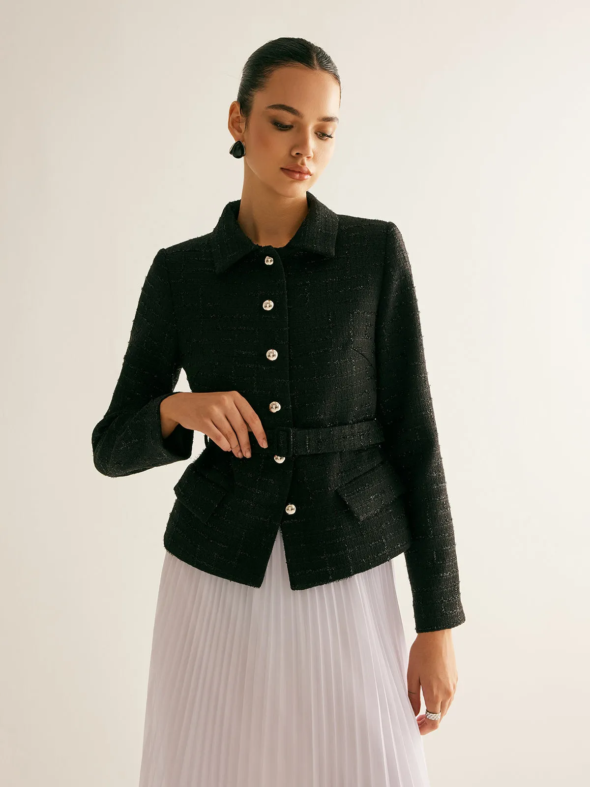 Tweed Button Belted Blazer sold by COMMENSE product image thumbnail 4