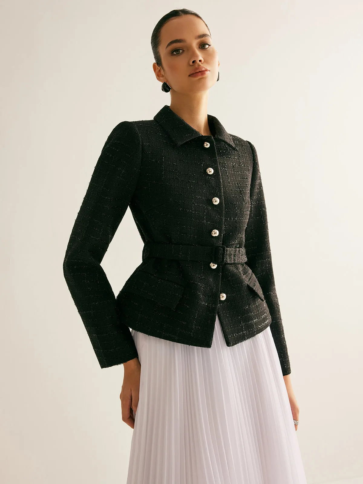 Tweed Button Belted Blazer sold by COMMENSE