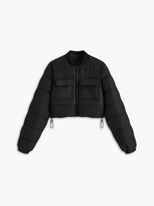 Flap-Pockets Drawstring Short Winter Coat sold by COMMENSE