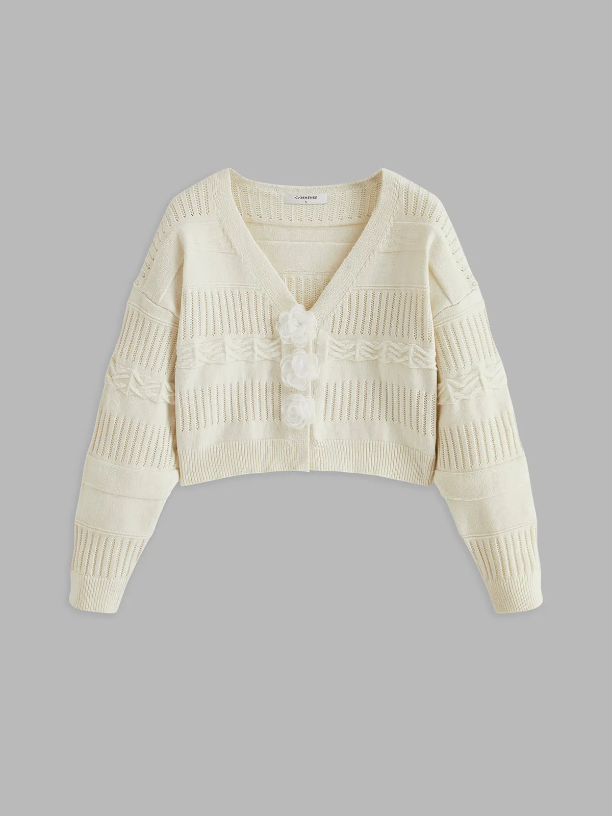 Elegant 3D Flower V-Neck Crop Sweater sold by COMMENSE