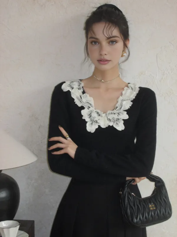 Lace Collar Slim Sweater sold by COMMENSE