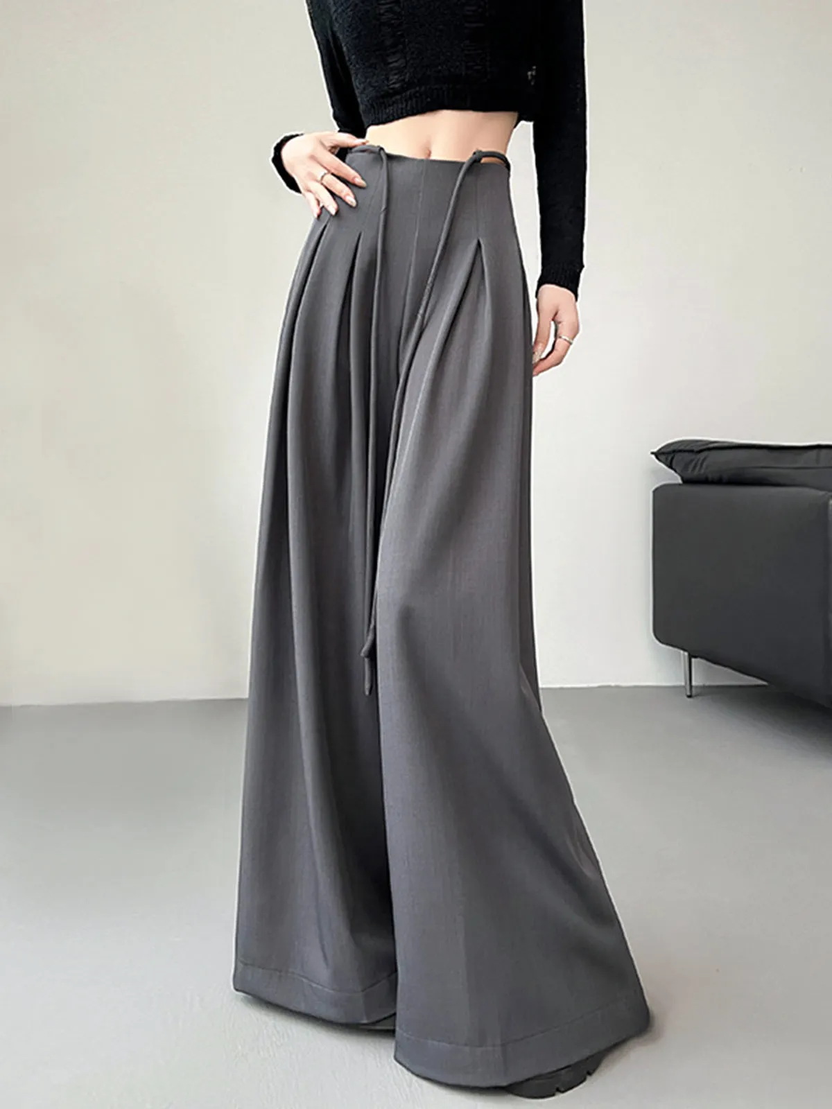 Rope-Belted Pleated Wide-Leg Pants sold by COMMENSE