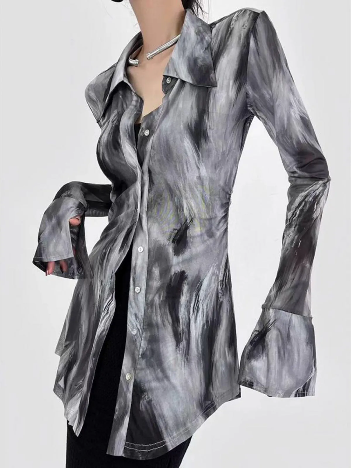 Marbling Tie Dye Ruffle Polo Shirt sold by COMMENSE product image thumbnail 3