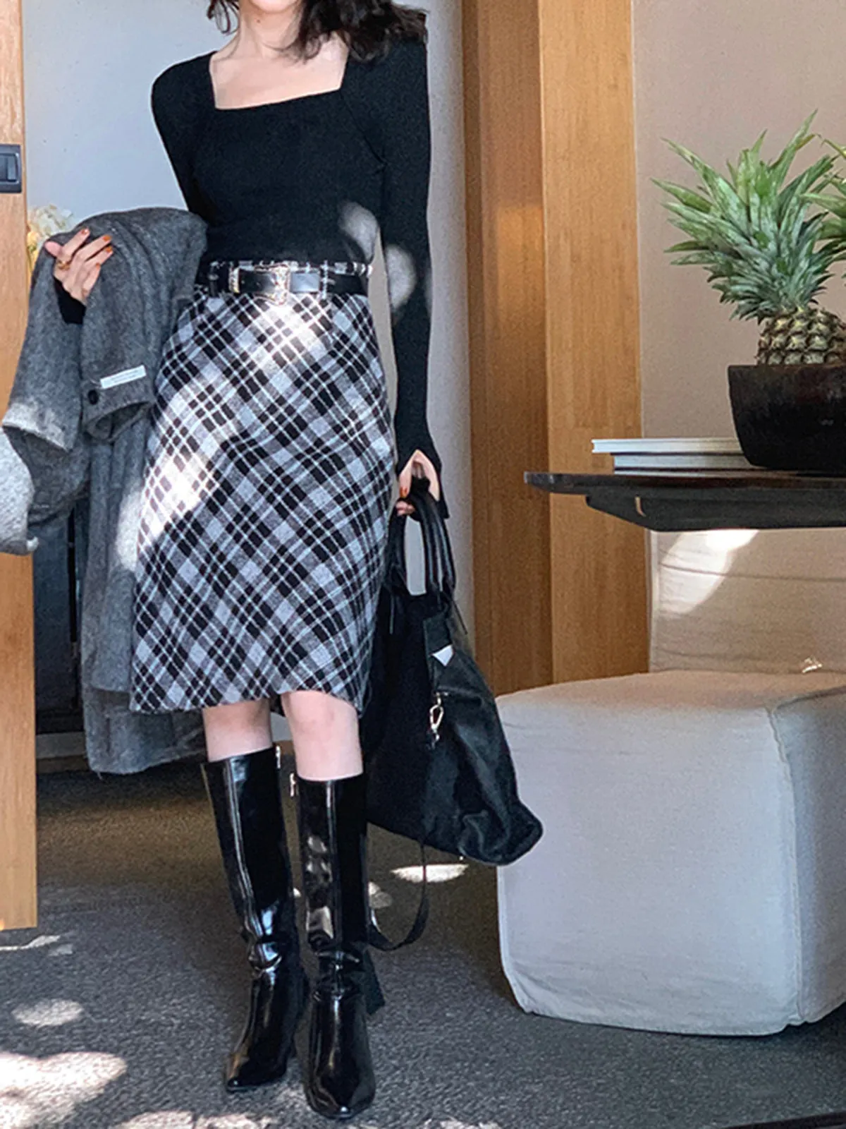 Tweed Plaid Midi Skirt Without Belt sold by COMMENSE product image thumbnail 3