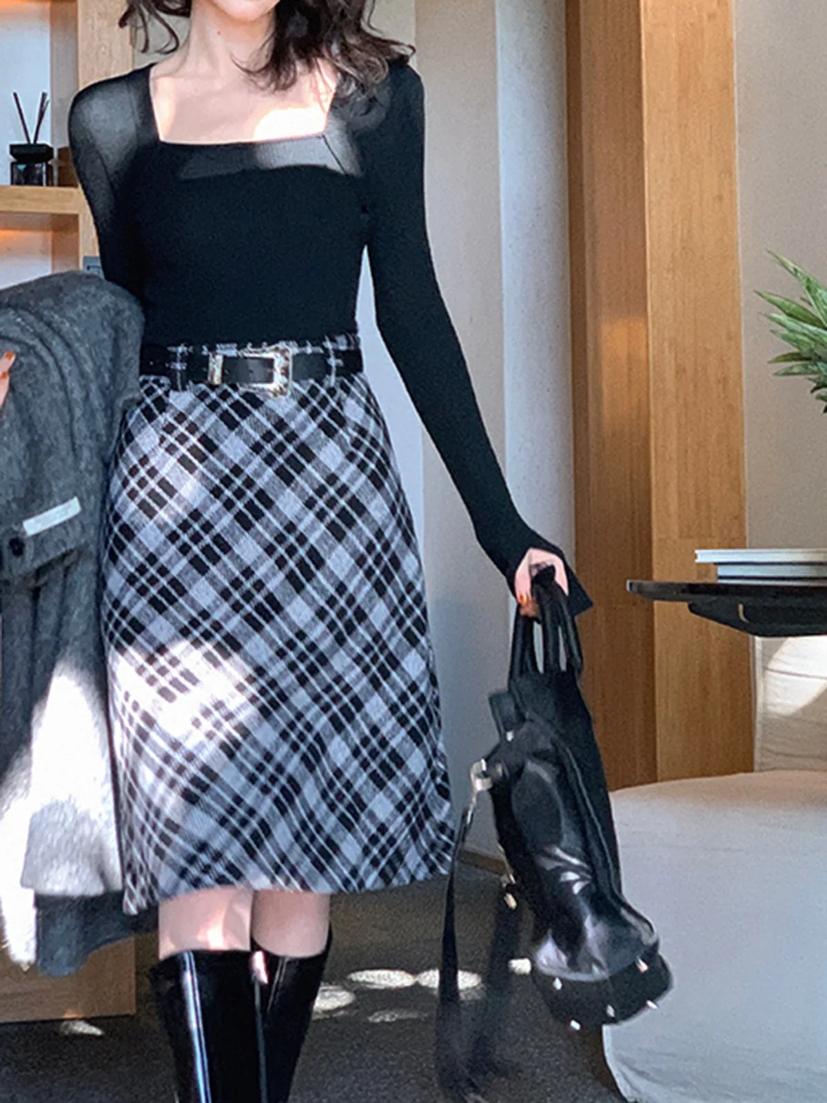 Tweed Plaid Midi Skirt Without Belt sold by COMMENSE