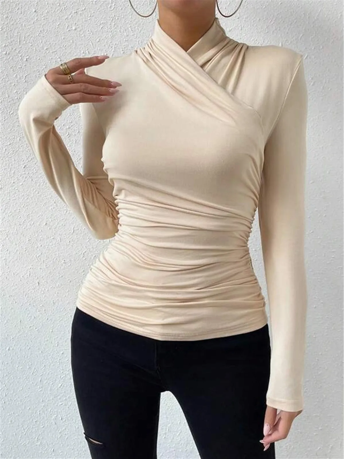 Cross-Over Collar Pleated Cinched T-Shirt sold by COMMENSE product image thumbnail 4