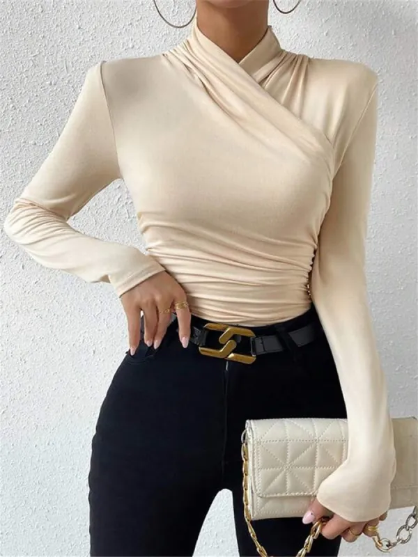 Cross-Over Collar Pleated Cinched T-Shirt sold by COMMENSE