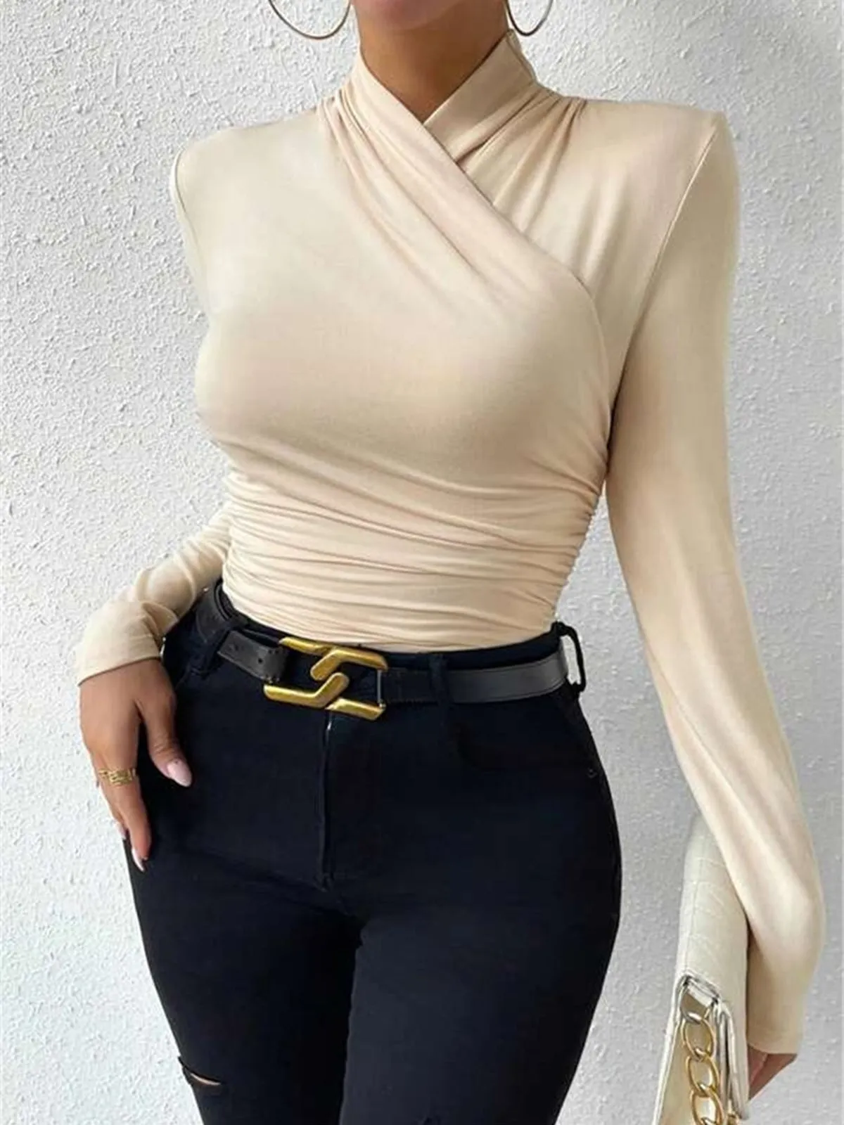 Cross-Over Collar Pleated Cinched T-Shirt sold by COMMENSE product image thumbnail 2