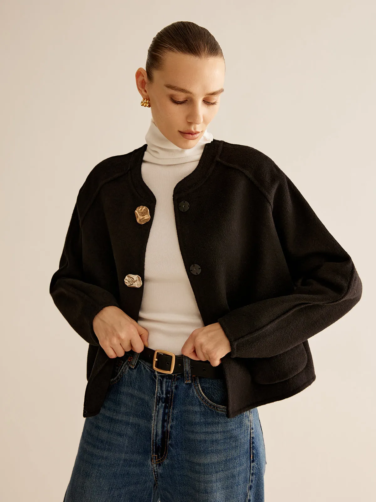 Wool-Blend Metal-Button Jacket sold by COMMENSE