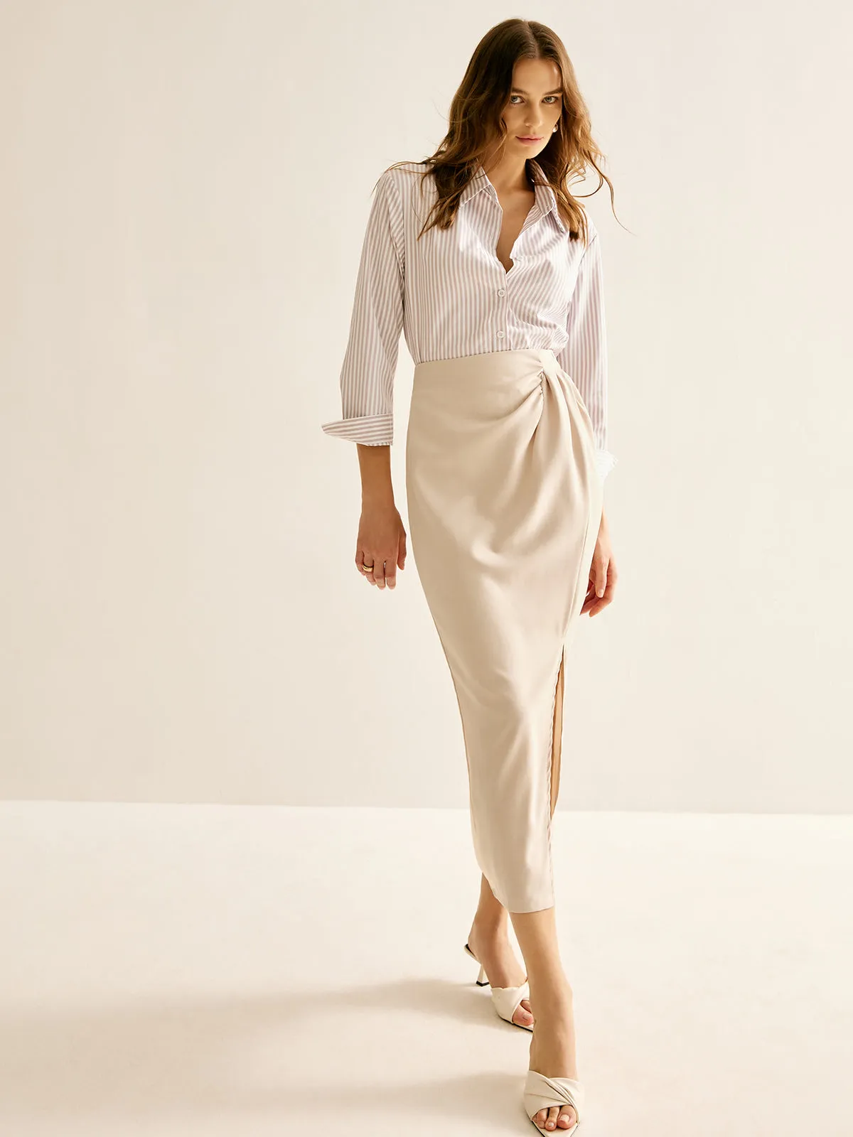 Pinstripe Shirt With Knotted Skirt Set sold by COMMENSE product image thumbnail 2
