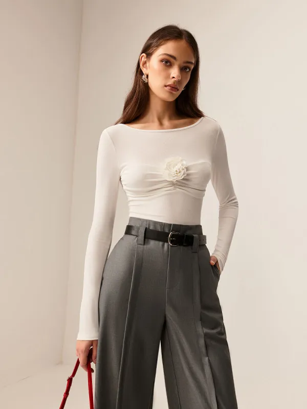 3D Flower Pleated Long Sleeve T-Shirt sold by COMMENSE