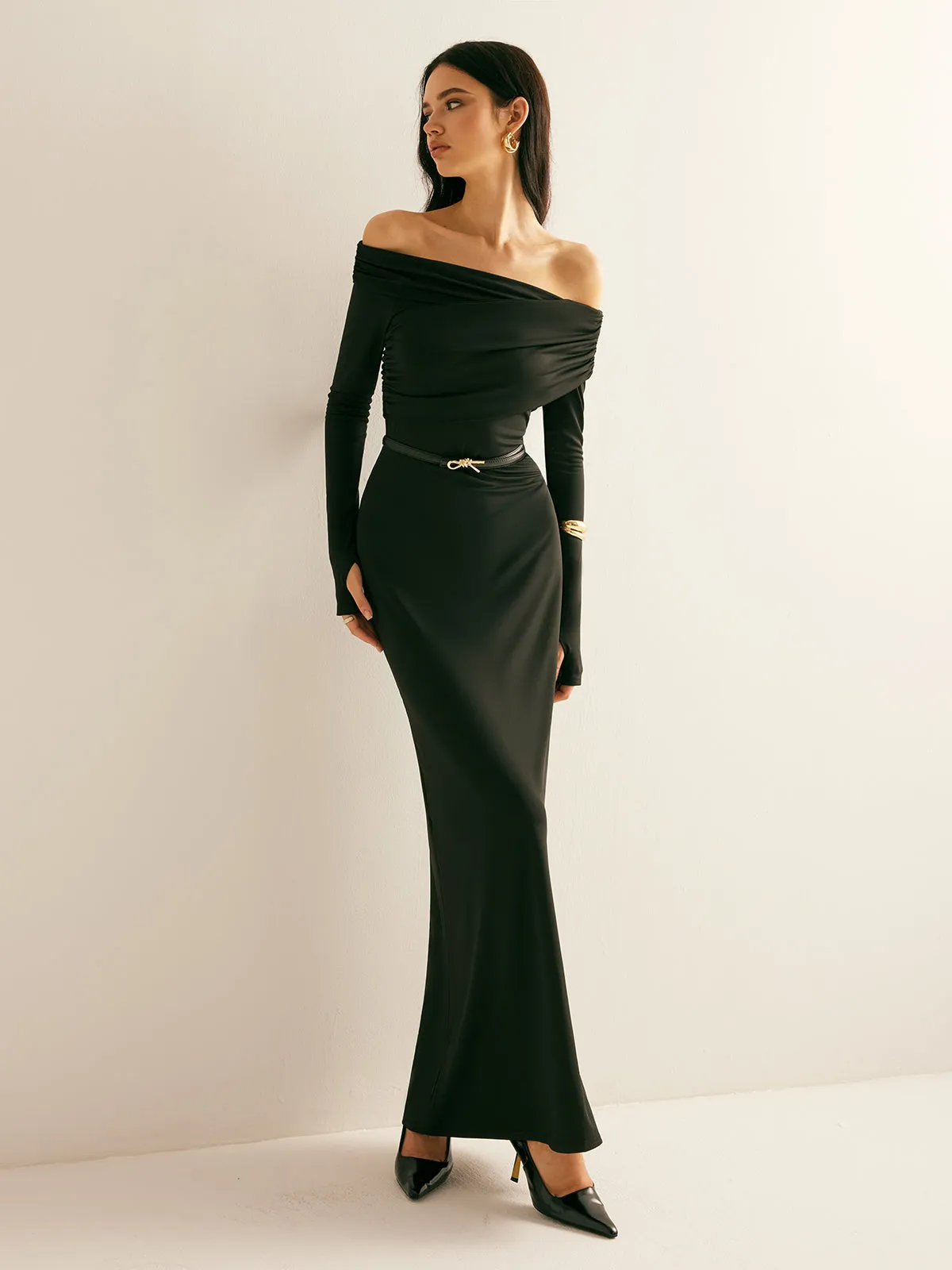 Modal Off-Shoulder Ruched Dress Without Belt sold by COMMENSE