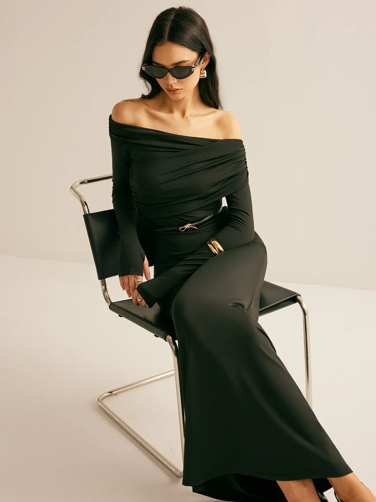 Modal Off-Shoulder Ruched Dress Without Belt sold by COMMENSE product image thumbnail 3