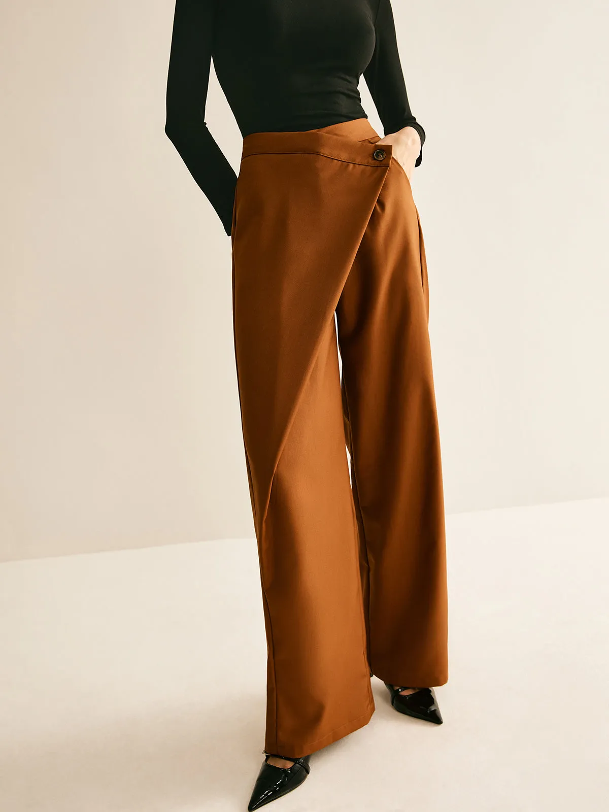 Asymmetrical Mid-Waist Straight Pants sold by COMMENSE