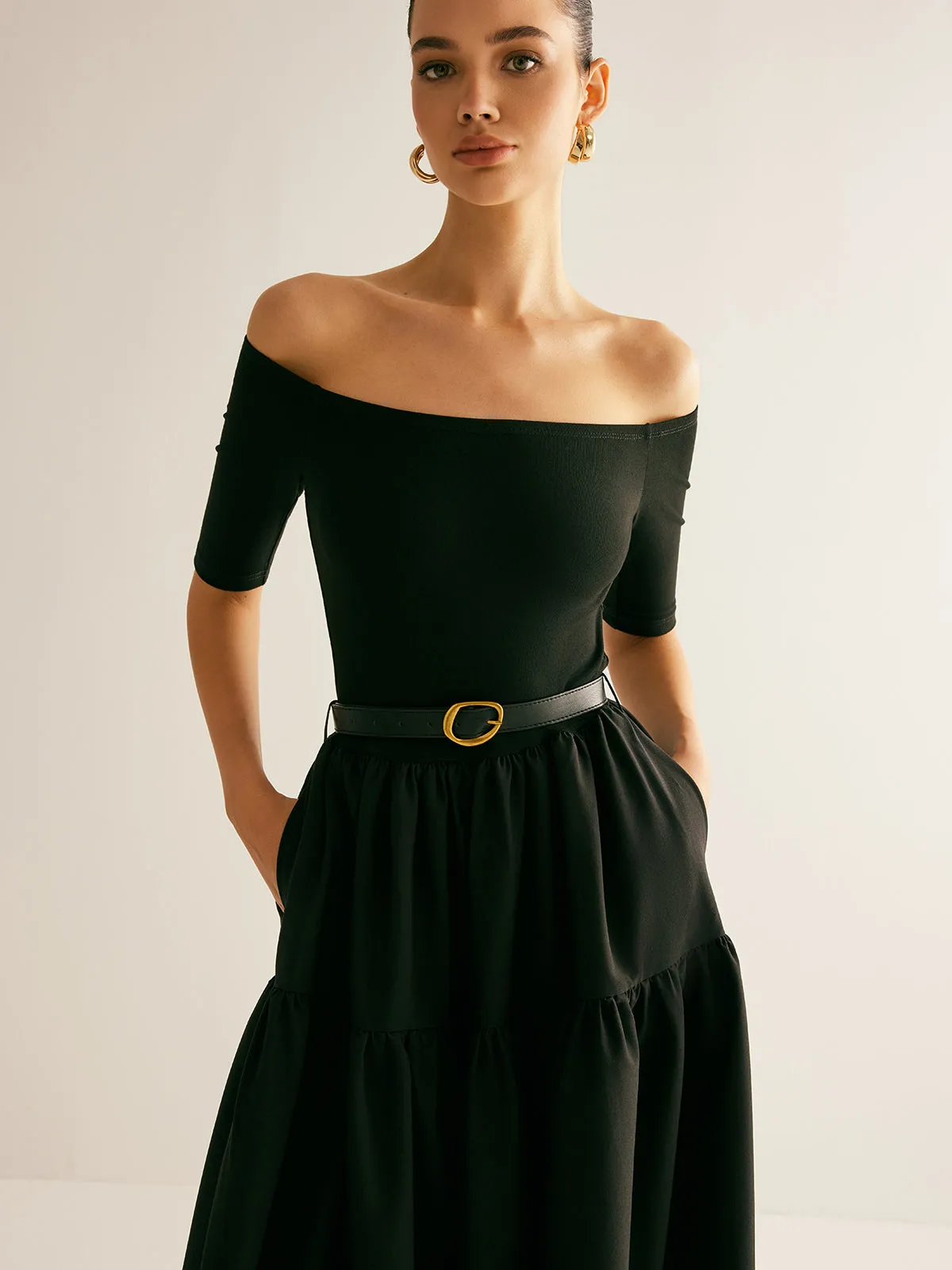 Cold-Shoulder Panel Pleated Belted Dress sold by COMMENSE product image thumbnail 5