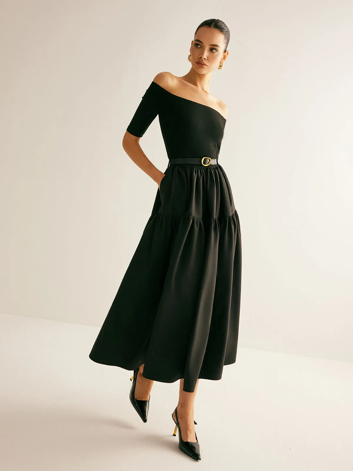 Cold-Shoulder Panel Pleated Belted Dress sold by COMMENSE product image thumbnail 2