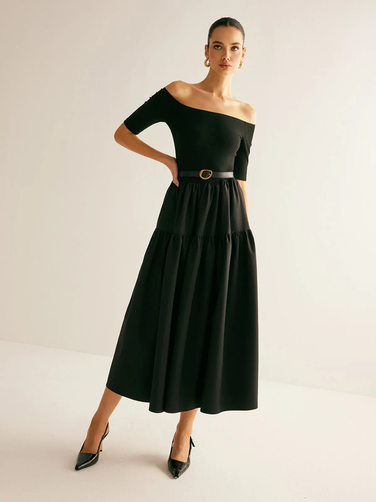 Cold-Shoulder Panel Pleated Belted Dress sold by COMMENSE product image thumbnail 3