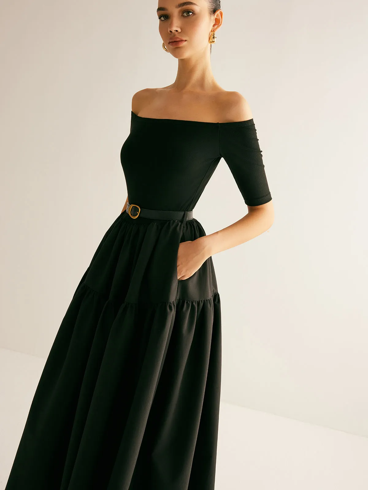 Cold-Shoulder Panel Pleated Belted Dress sold by COMMENSE product image thumbnail 4