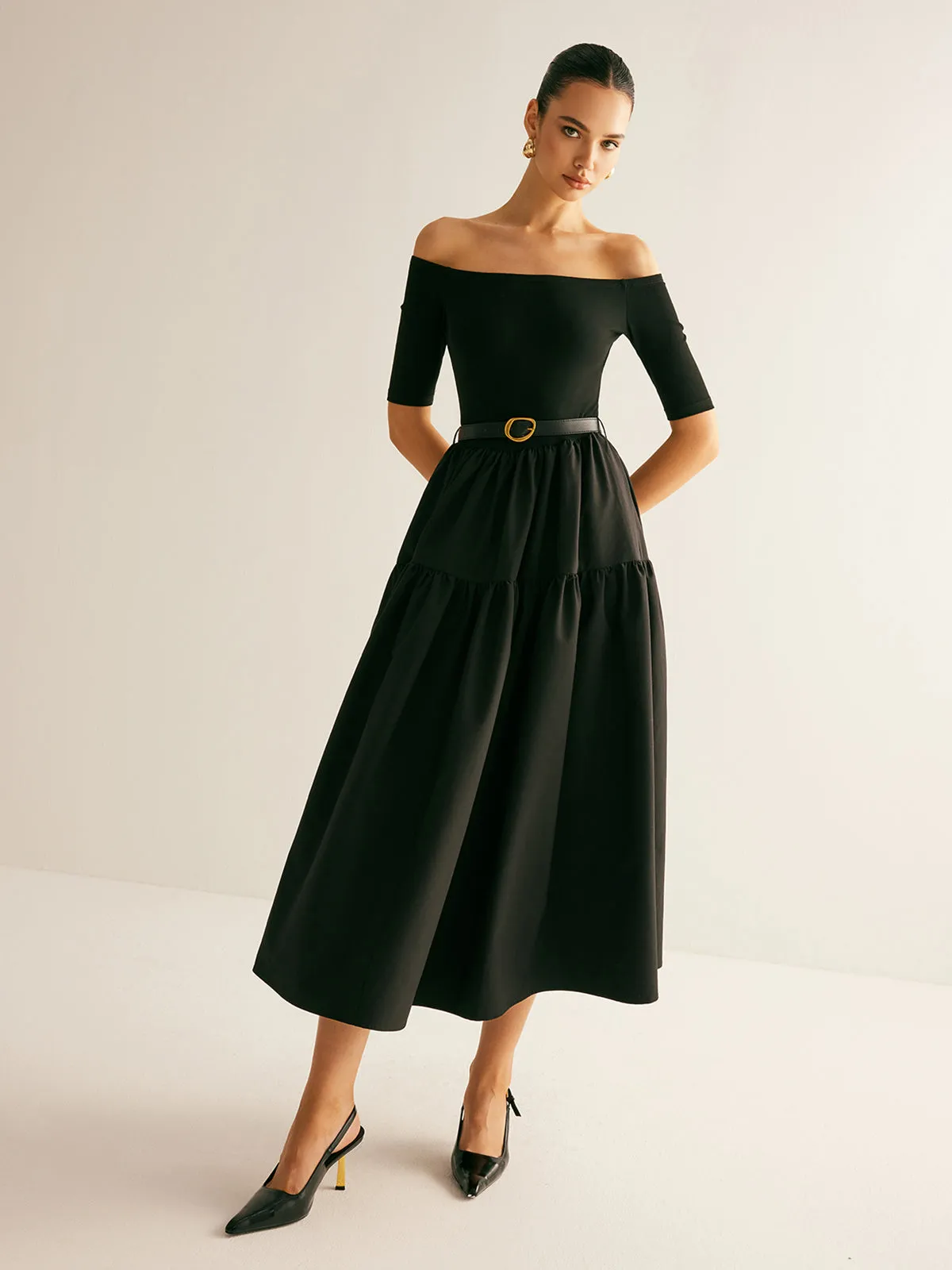 Cold-Shoulder Panel Pleated Belted Dress sold by COMMENSE