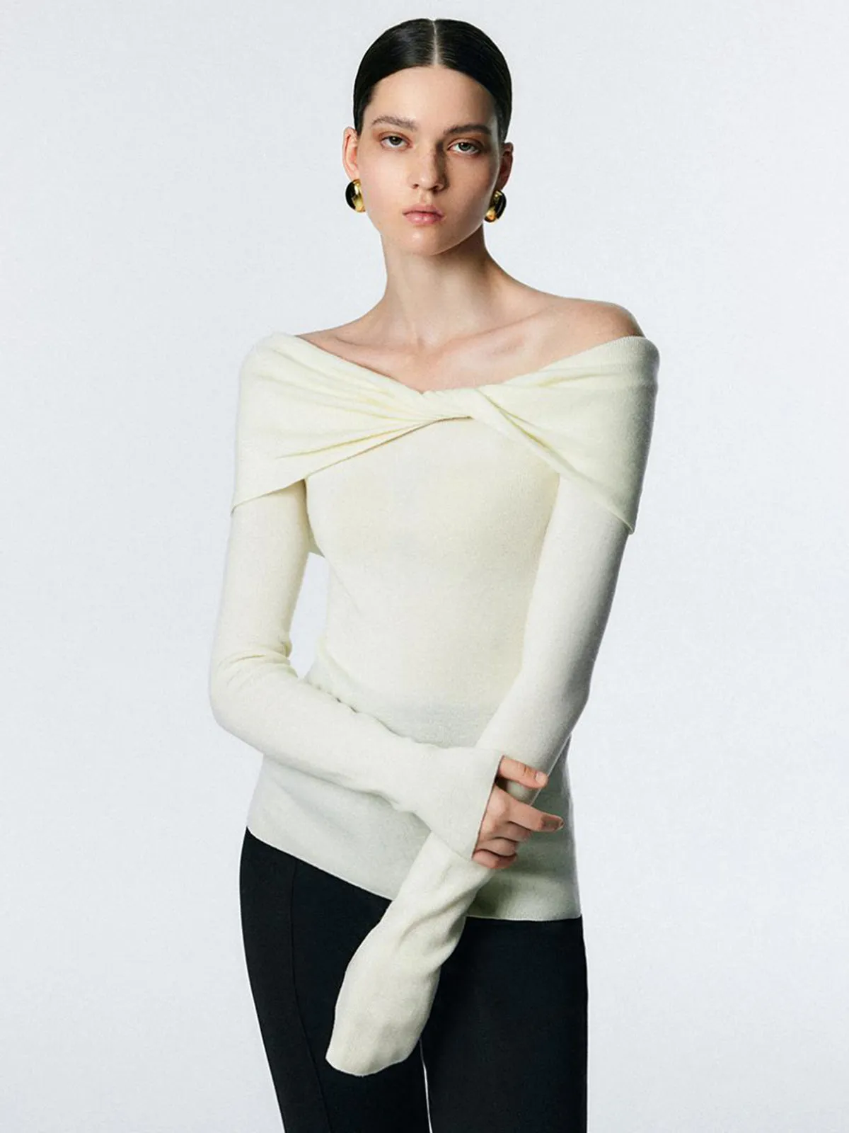 Romance Off-Shoulder Knotted Knit Top sold by COMMENSE