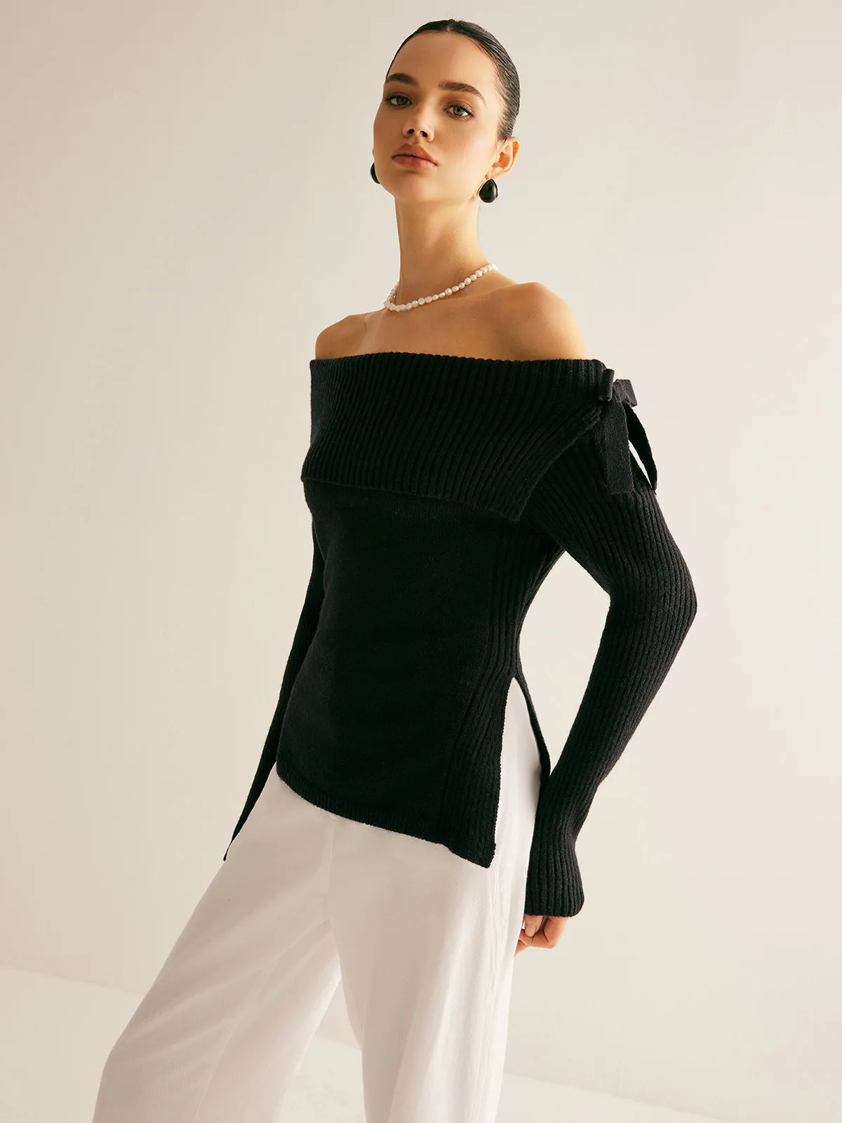 Off-Shoulder Ribbed Bow Slit Sweater sold by COMMENSE product image thumbnail 5