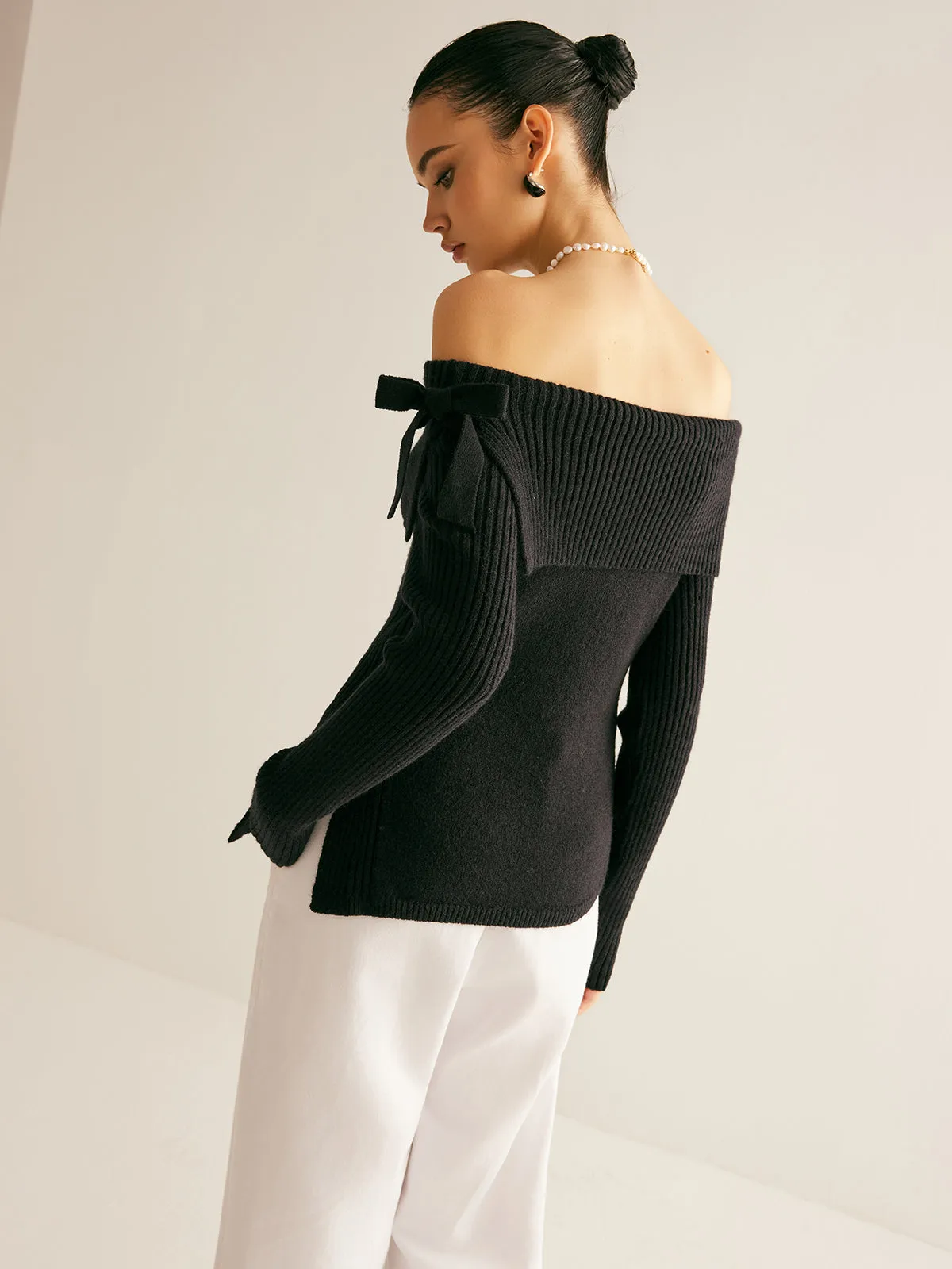 Off-Shoulder Ribbed Bow Slit Sweater sold by COMMENSE product image thumbnail 2