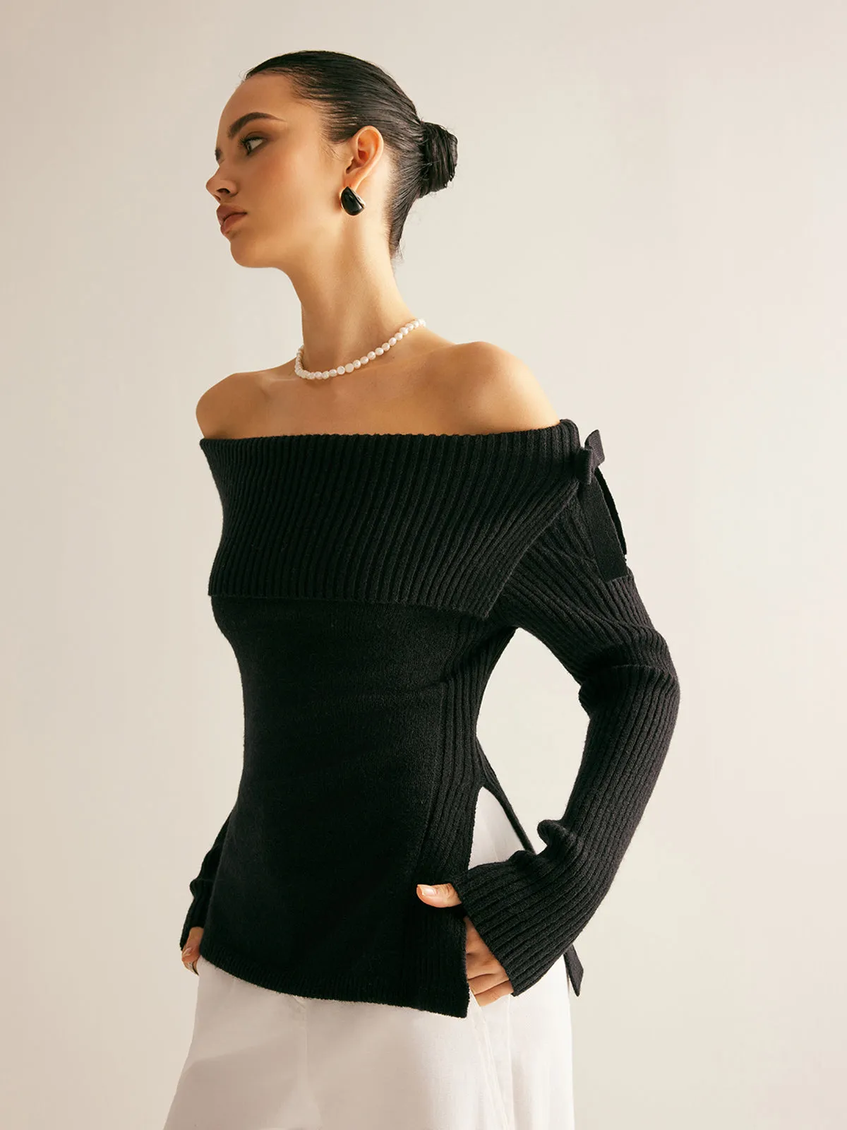 Off-Shoulder Ribbed Bow Slit Sweater sold by COMMENSE product image thumbnail 3