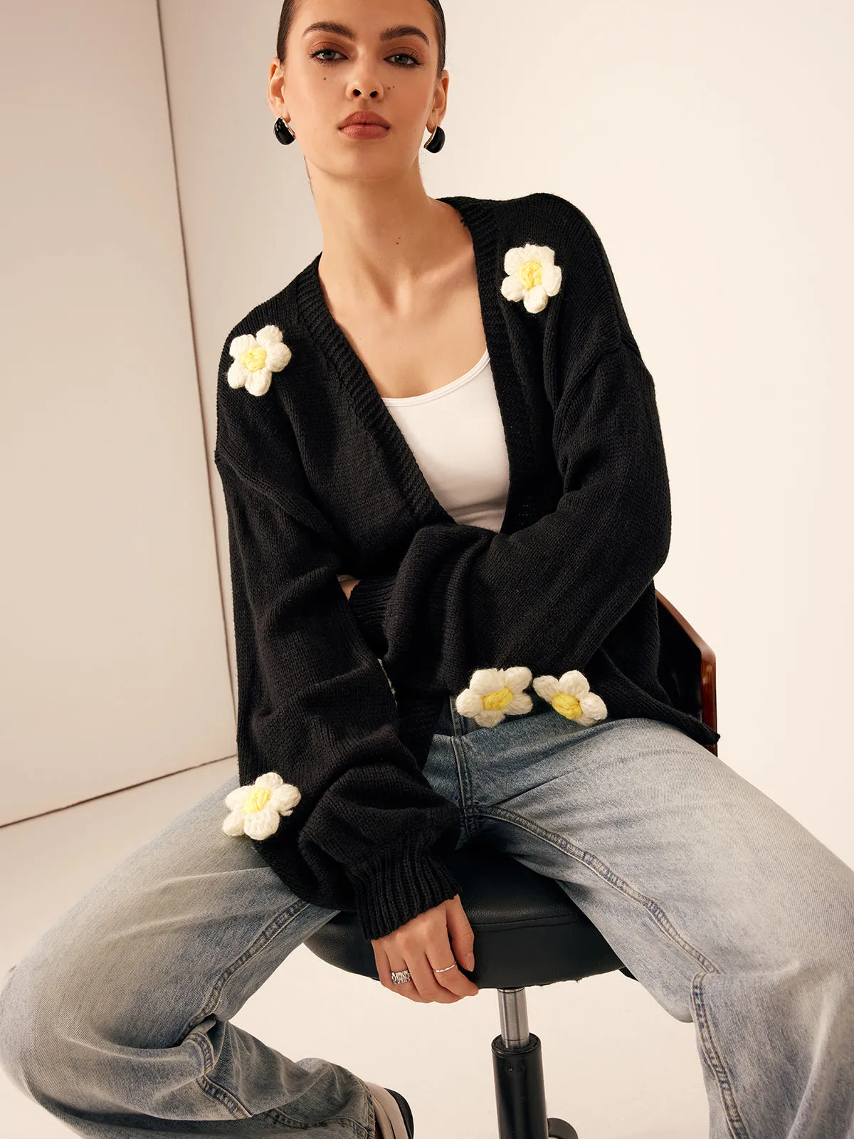 3D Embroidered Flower Lantern Sleeve Cardigan sold by COMMENSE product image thumbnail 2