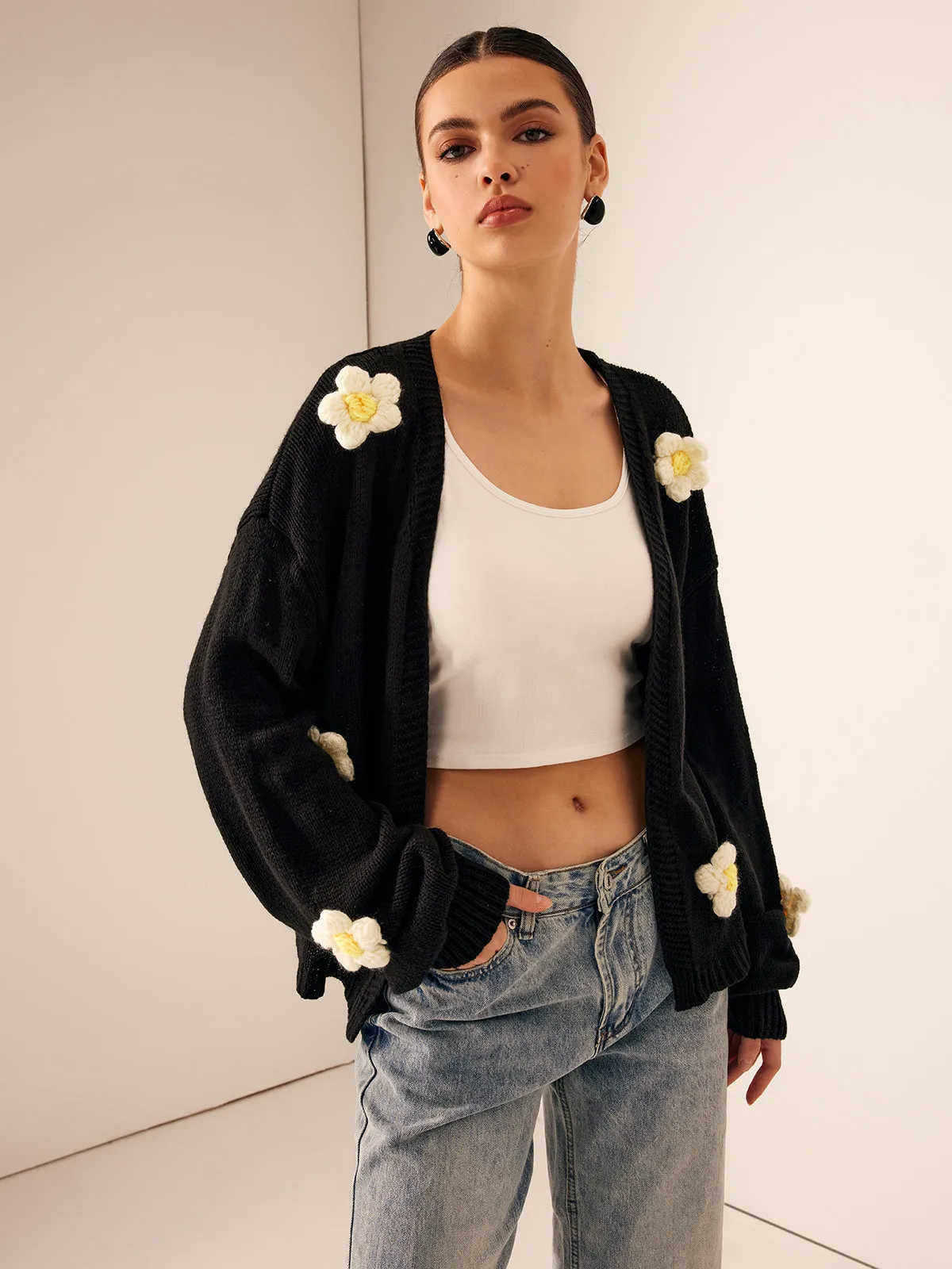 3D Embroidered Flower Lantern Sleeve Cardigan sold by COMMENSE product image thumbnail 3
