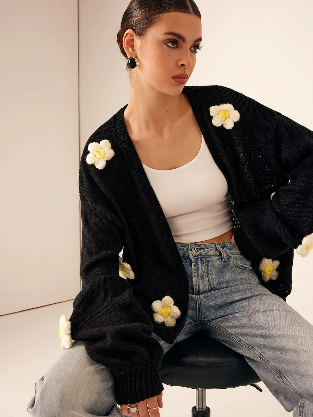 3D Embroidered Flower Lantern Sleeve Cardigan sold by COMMENSE product image thumbnail 4