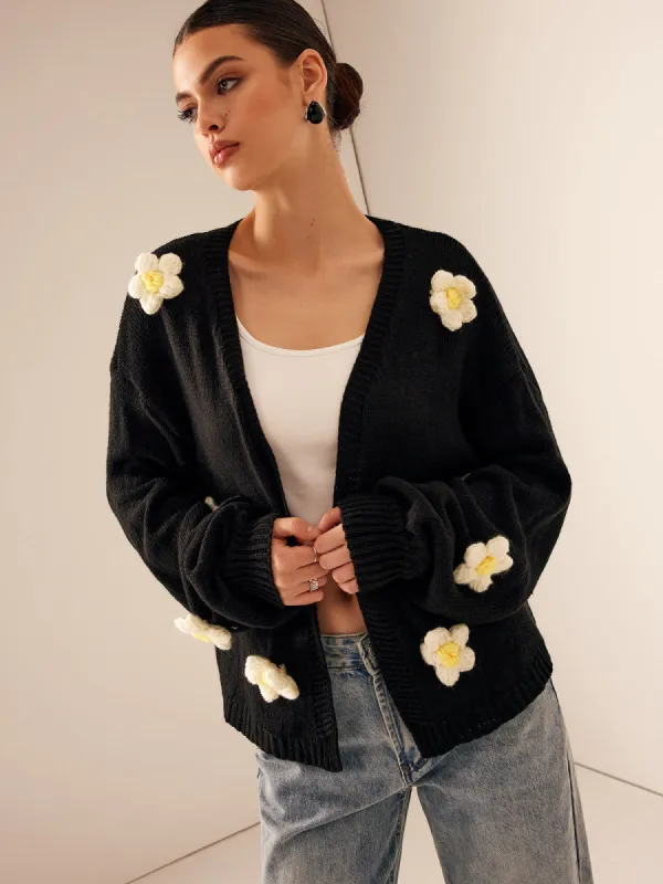 3D Embroidered Flower Lantern Sleeve Cardigan sold by COMMENSE