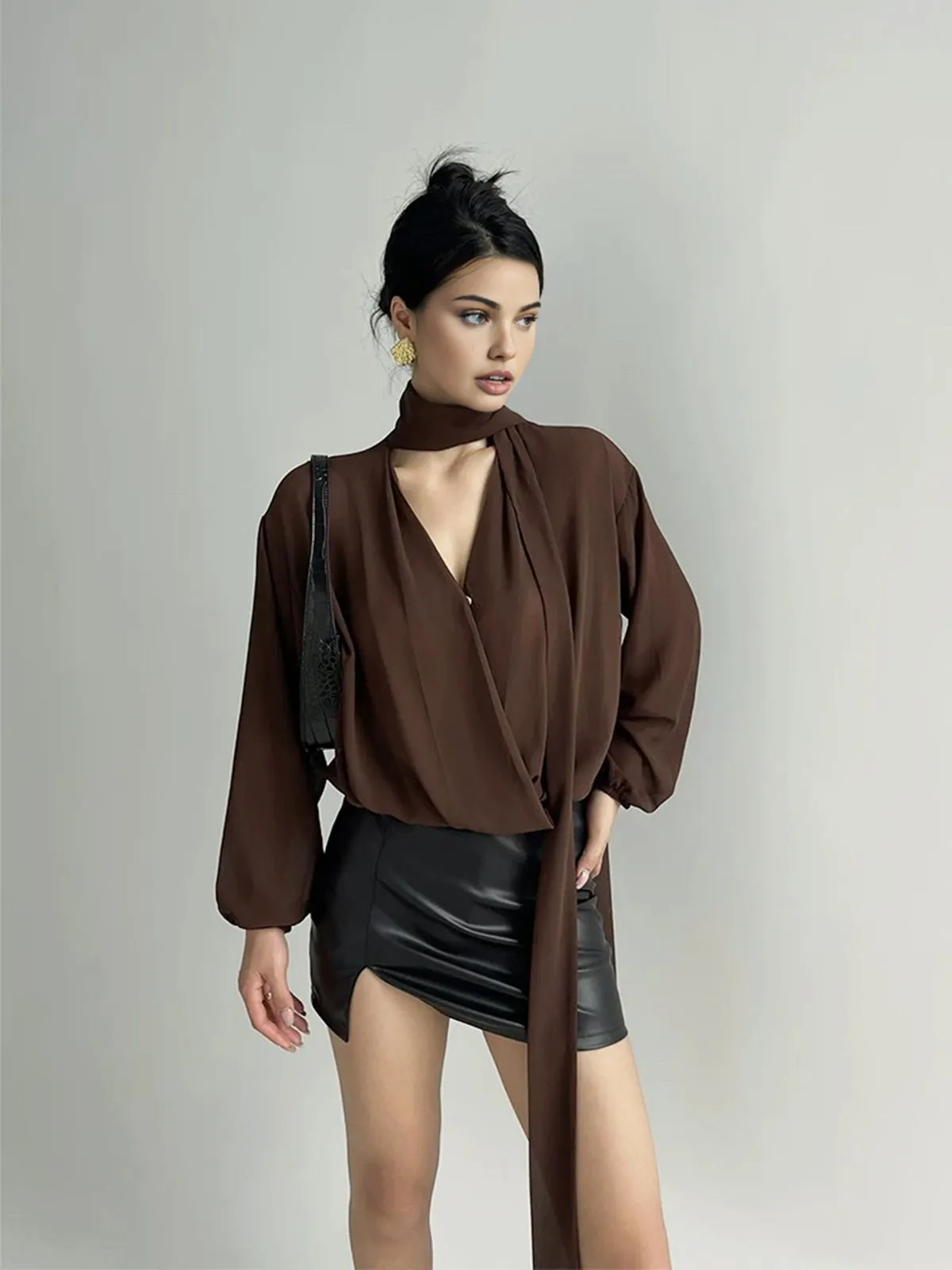 Pleated V-Neck Shirt With Scarf sold by COMMENSE product image thumbnail 4