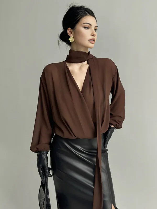 Pleated V-Neck Shirt With Scarf sold by COMMENSE
