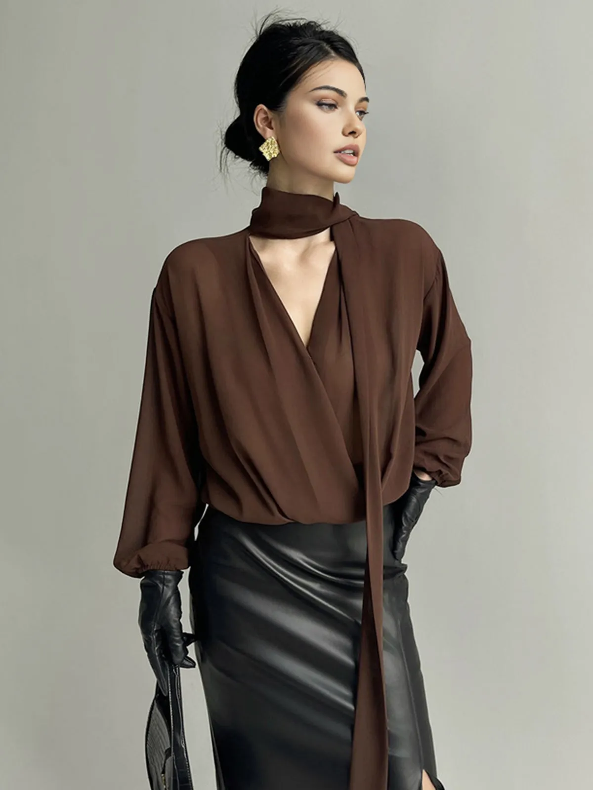 Pleated V-Neck Shirt With Scarf sold by COMMENSE