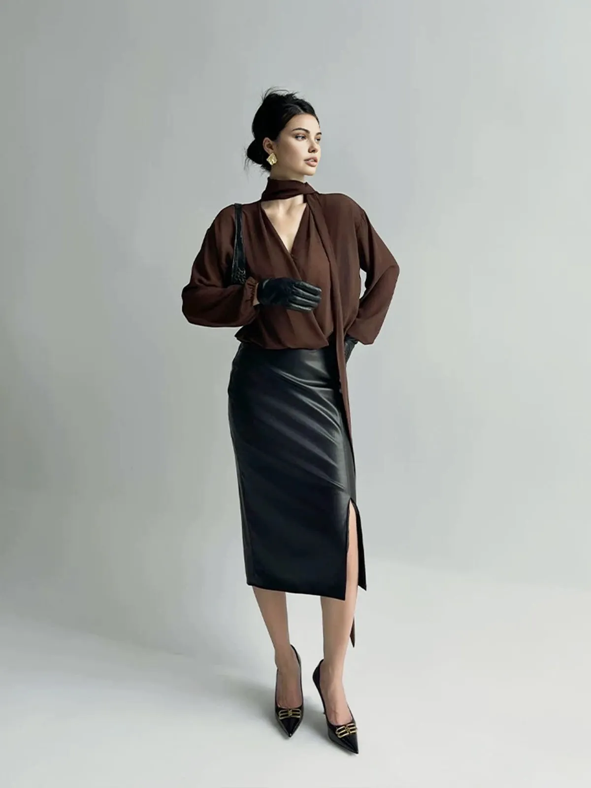 Pleated V-Neck Shirt With Scarf sold by COMMENSE product image thumbnail 5