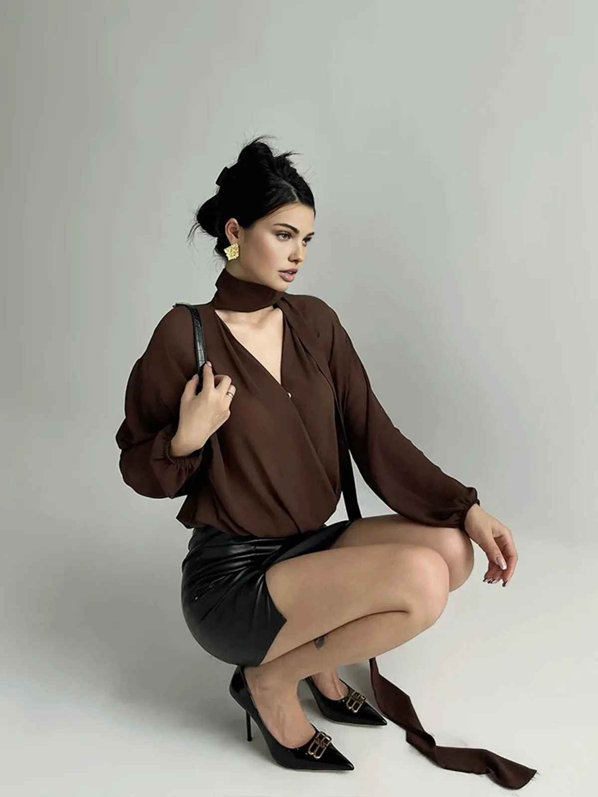 Pleated V-Neck Shirt With Scarf sold by COMMENSE product image thumbnail 3