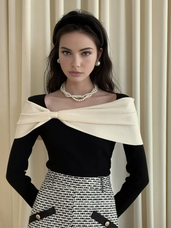 Color Block Bow Slim Sweater sold by COMMENSE