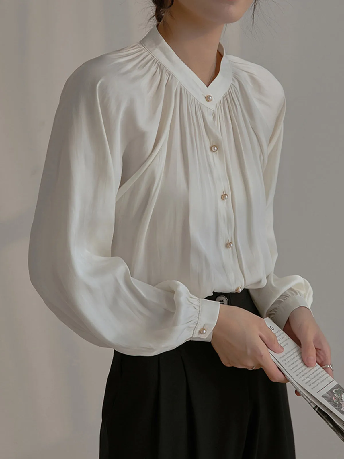 Pleated Collar Pearl Button Shirt sold by COMMENSE product image thumbnail 4