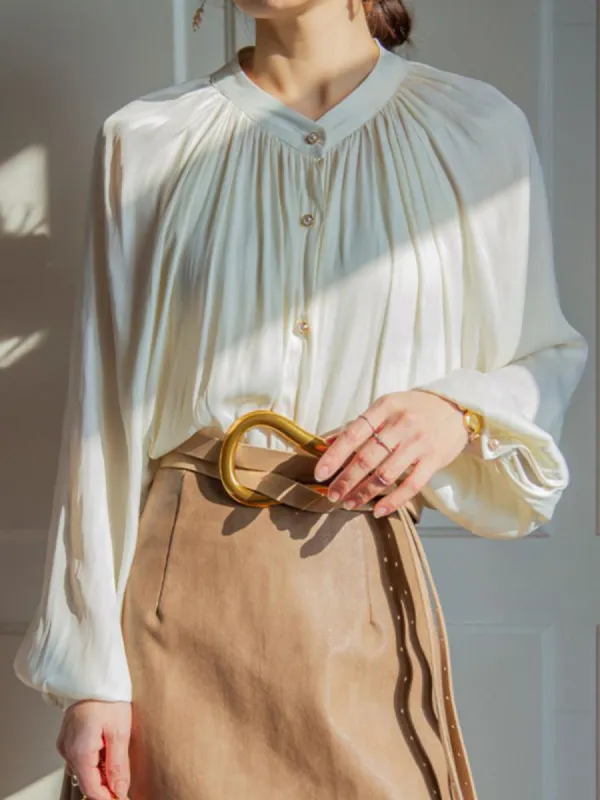 Pleated Collar Pearl Button Shirt sold by COMMENSE