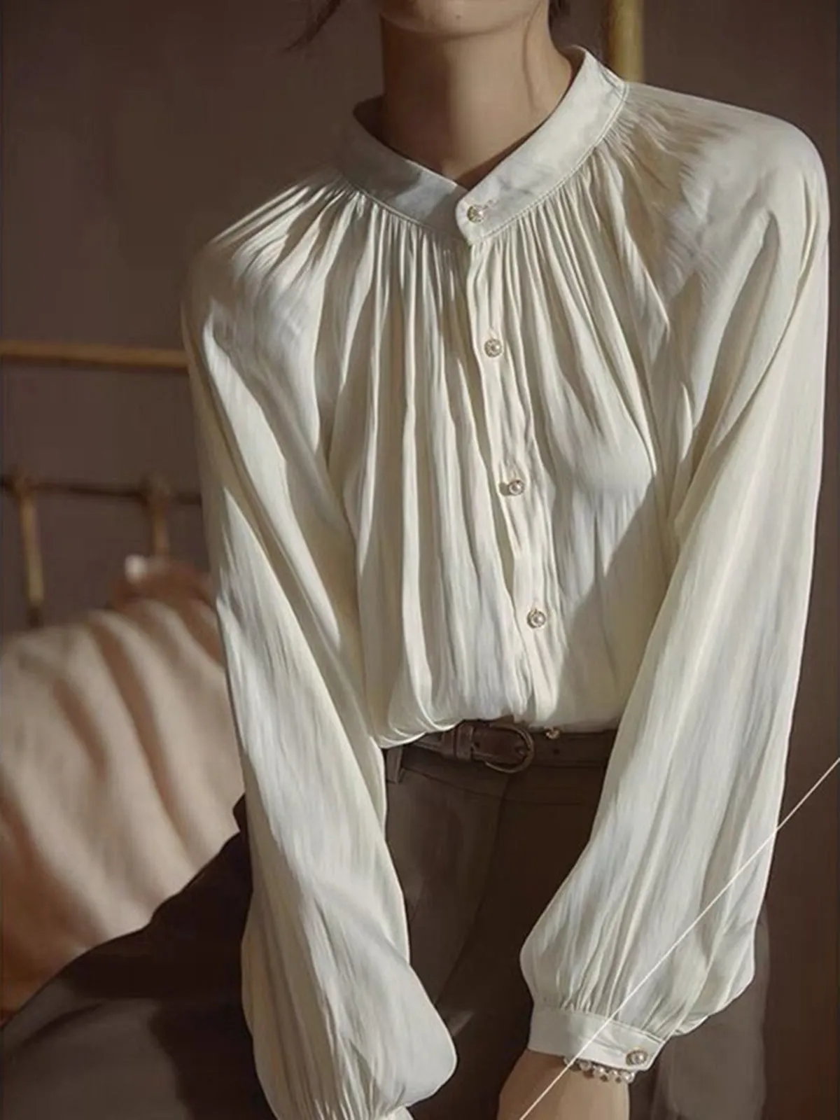 Pleated Collar Pearl Button Shirt sold by COMMENSE product image thumbnail 5