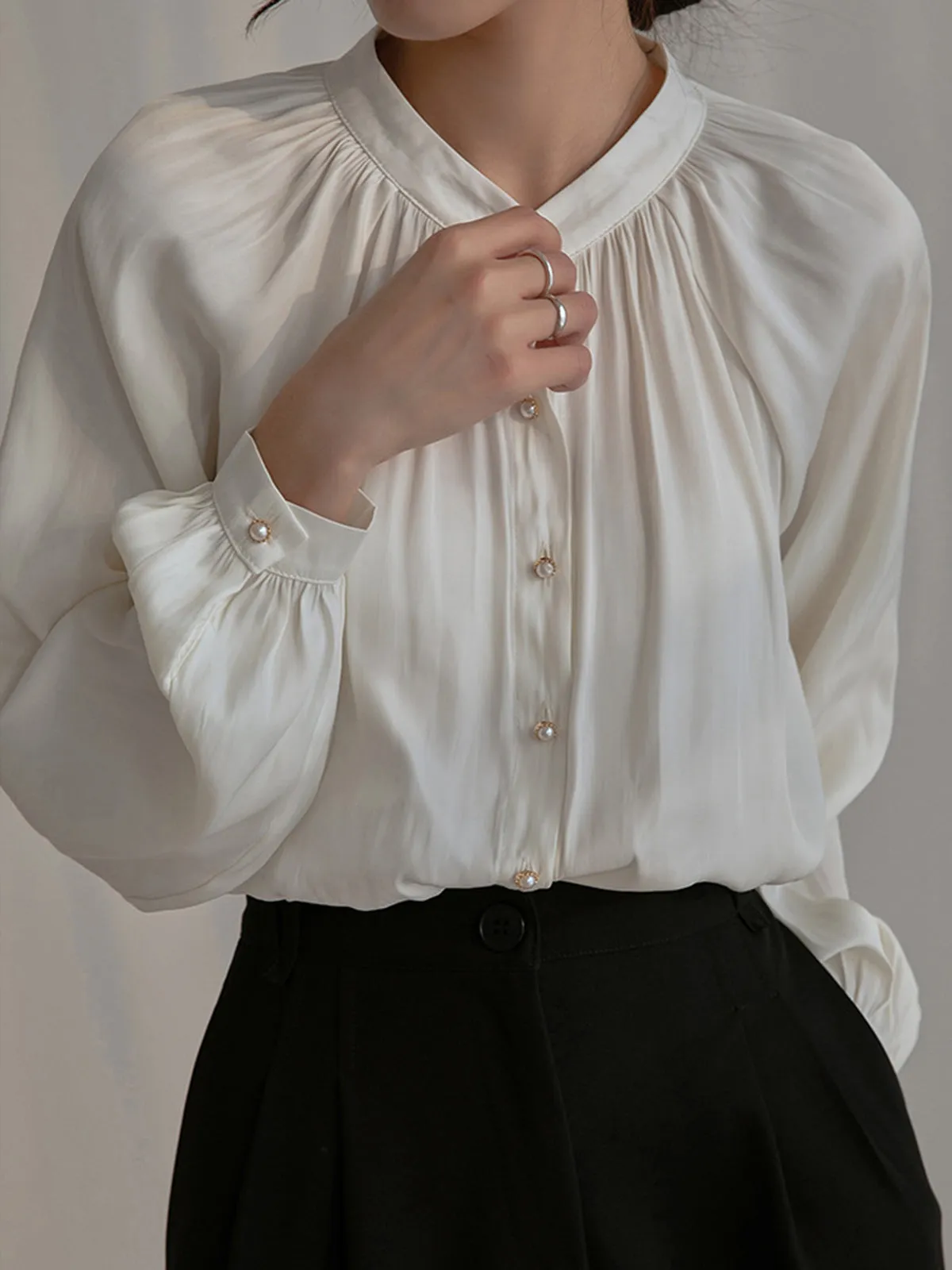 Pleated Collar Pearl Button Shirt sold by COMMENSE product image thumbnail 3