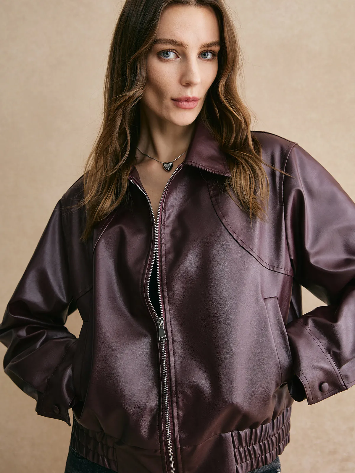 Lapel Zipper PU Leather Short Jacket sold by COMMENSE product image thumbnail 4