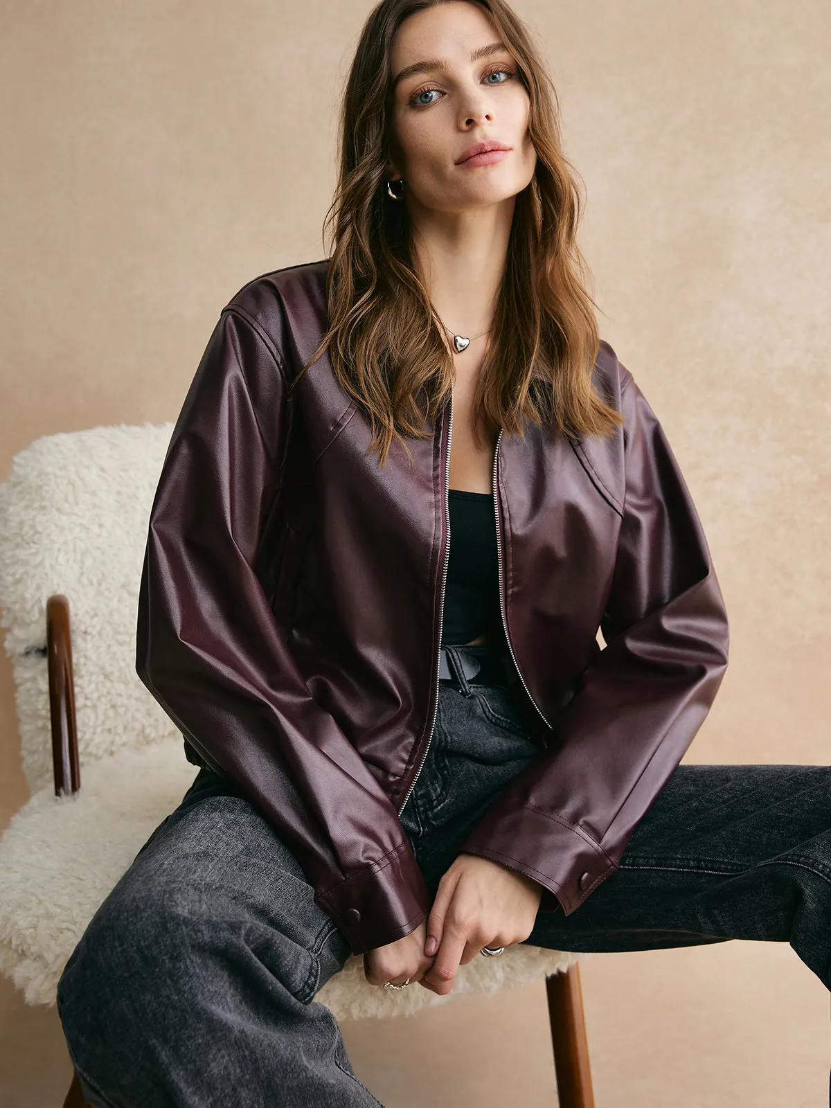 Lapel Zipper PU Leather Short Jacket sold by COMMENSE