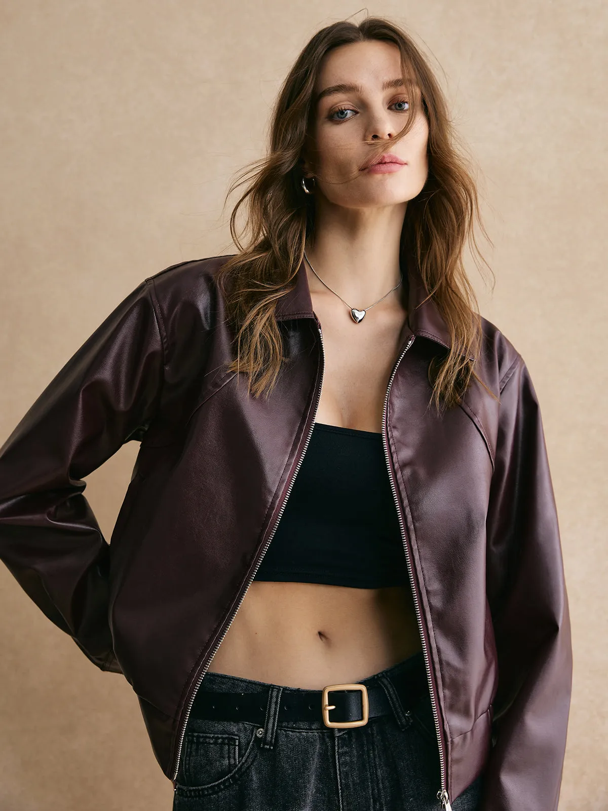 Lapel Zipper PU Leather Short Jacket sold by COMMENSE product image thumbnail 5