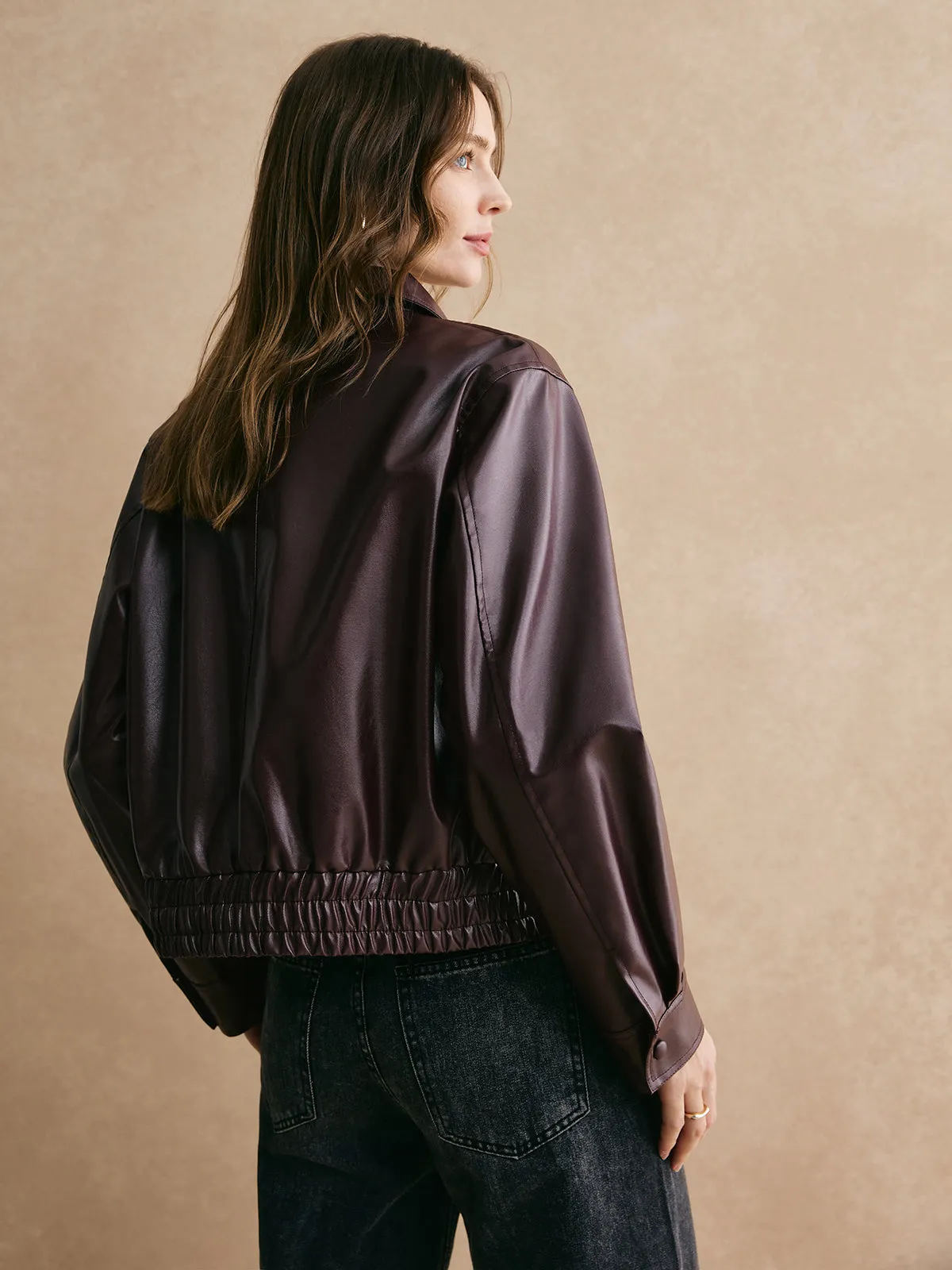 Lapel Zipper PU Leather Short Jacket sold by COMMENSE product image thumbnail 3