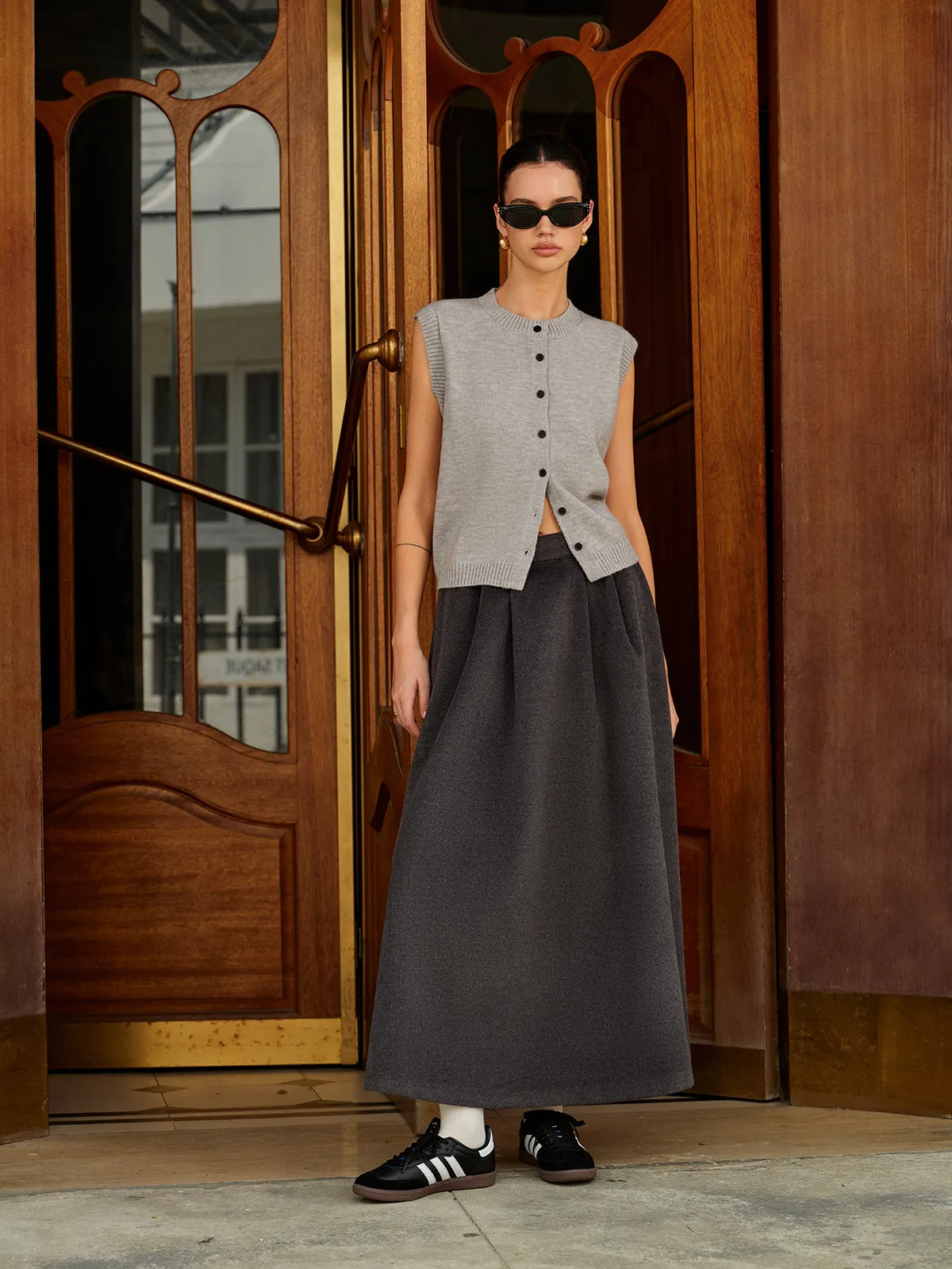 Wool-Blend Pockets Pleated Skirt sold by COMMENSE product image thumbnail 4