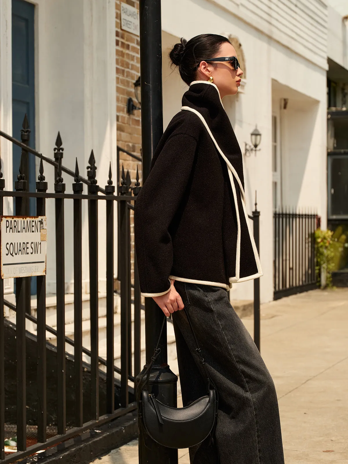 Contrast Trim Wool Coat With Scarf sold by COMMENSE product image thumbnail 5