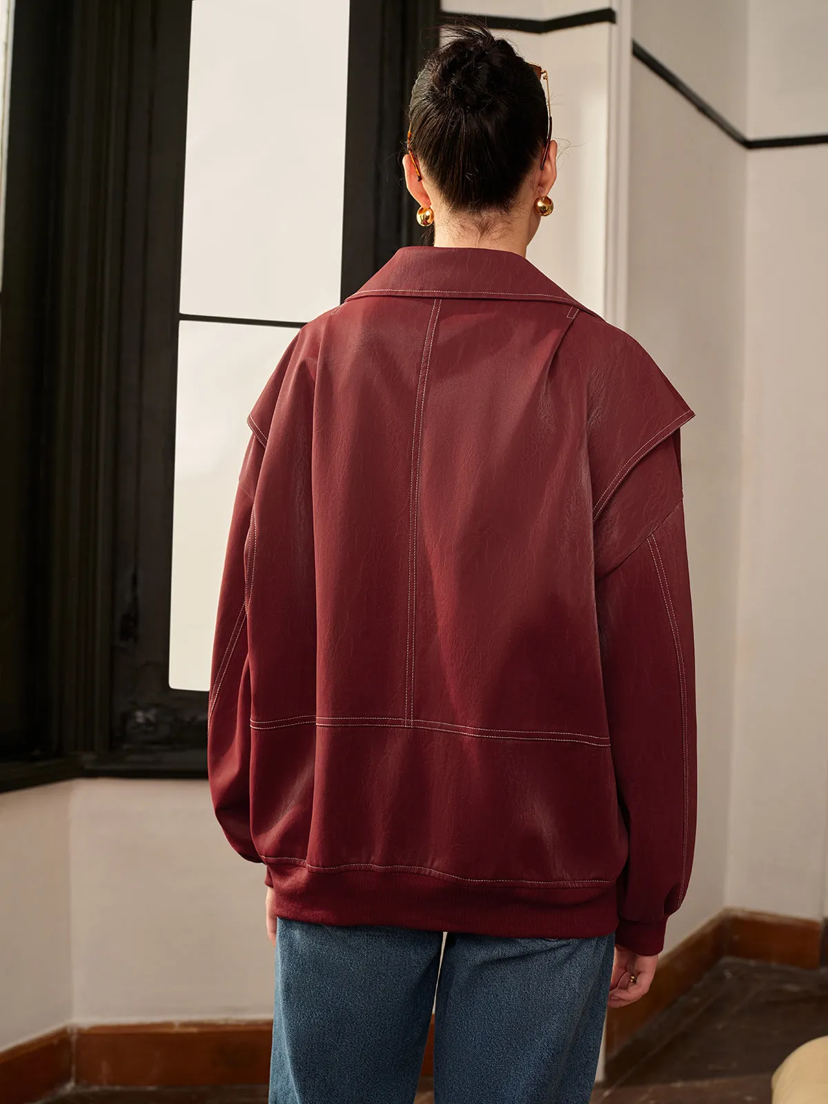Lapel Faux Leather Biker Jacket sold by COMMENSE product image thumbnail 4