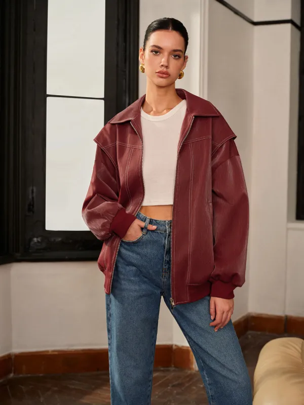 Lapel Faux Leather Biker Jacket sold by COMMENSE