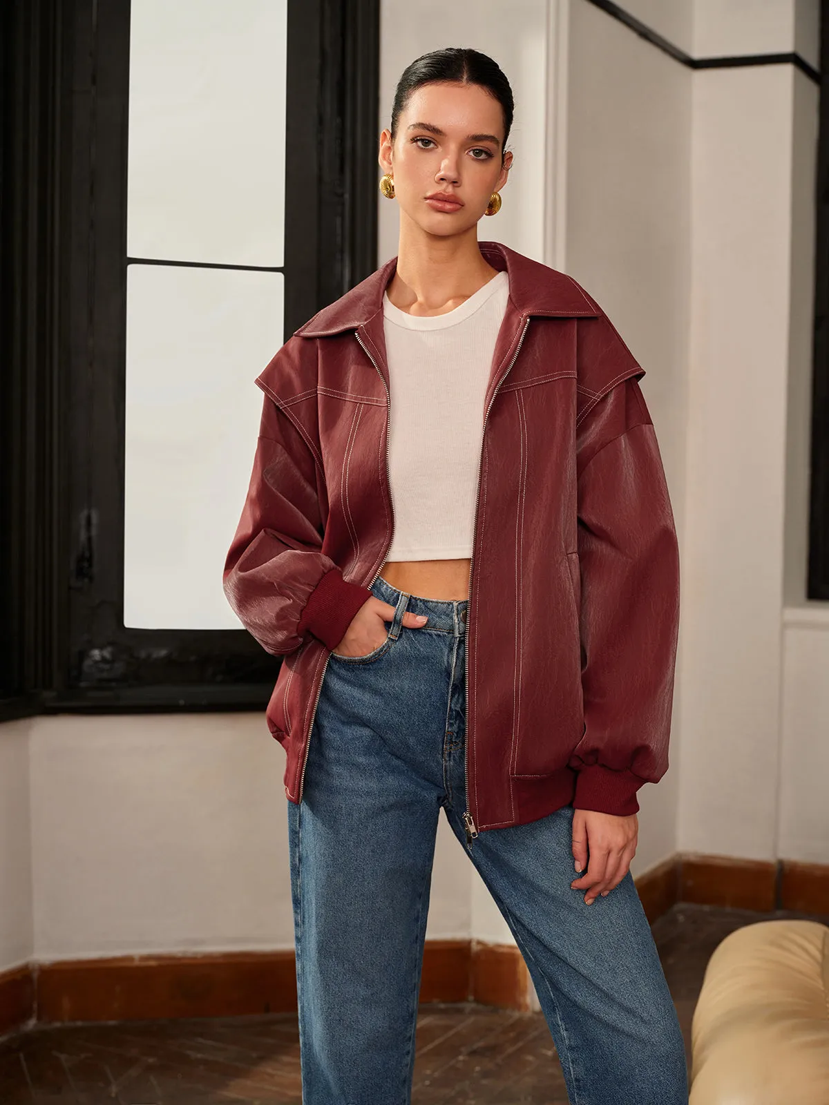 Lapel Faux Leather Biker Jacket sold by COMMENSE